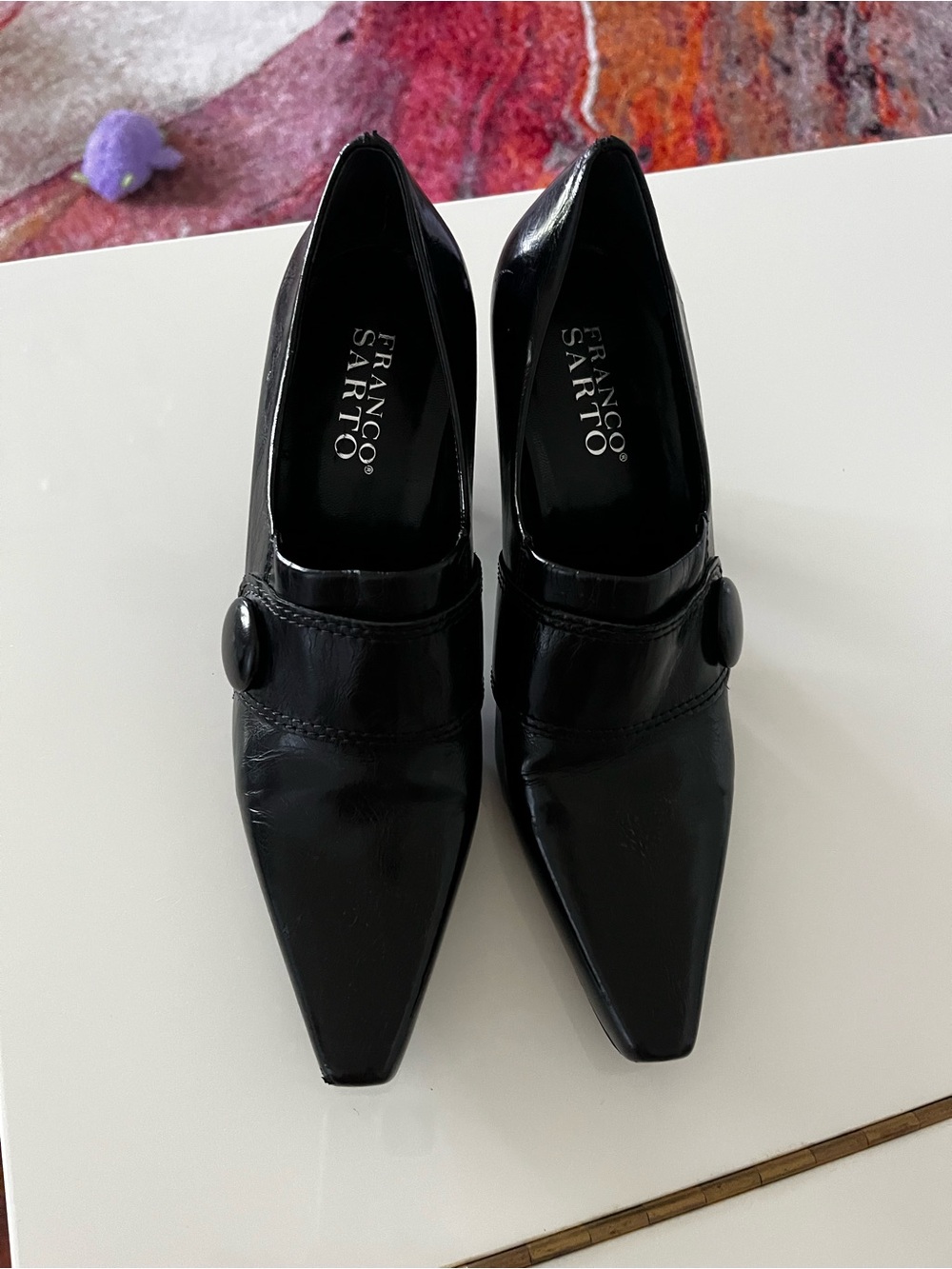Franco Sarto Black Pointed Toe Heels with Button Detail
